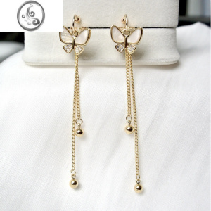 JiMi贝母蝴蝶高级无耳洞女金色耳环耳饰蝴蝶结长款流苏无痛蚊香盘耳夹 金色现货蚊香盘耳夹