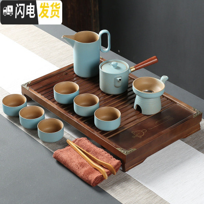 三维工匠陶瓷功夫茶具套装粗陶生财有道家用新中式禅意简约泡茶壶整套 10头侧把壶+实木茶盘43*28cm