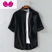 七斓夏季薄款立领亚麻衬衫男士短袖宽松休闲麻布料上衣纯色棉麻衬衣潮