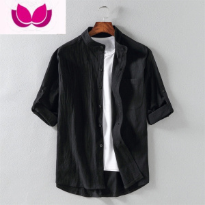 七斓夏季薄款立领亚麻衬衫男士短袖宽松休闲麻布料上衣纯色棉麻衬衣潮