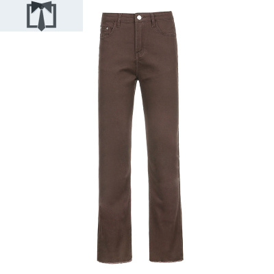 SUNTEKROCKMORE欧美风棕色毛边弹力紧身喇叭裤女高腰显瘦休闲百搭牛仔裤牛仔裤