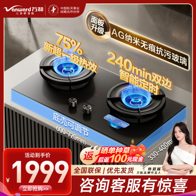 万和[超省星]5.2kW天然气75%超一级能效智能双边定时无痕面板家用煤气双炉燃气灶JZT-01-G95D