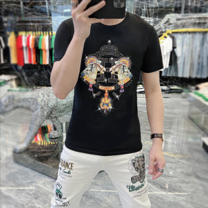 2024夏季新款潮男短袖t恤欧货圆领休闲个性高端H家烫钻半袖体恤男