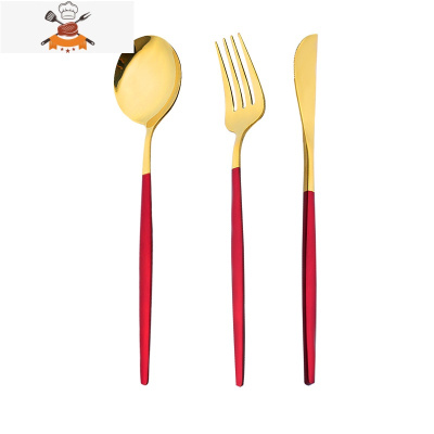 304不锈钢刀叉套装家用西餐餐具两件套ins网红牛排刀叉勺三件套 敬平 红金三件套