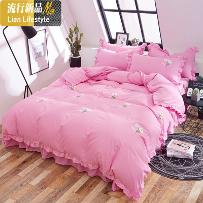 网红ins款毛巾绣棉床裙式四件套少女棉单人宿舍双人床上用品 三维工匠