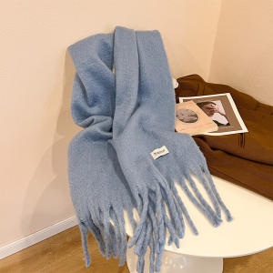 啄木鸟雾霾蓝色围巾女2024新款纯色加厚保暖围脖男毛绒披肩秋冬季