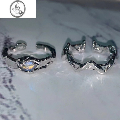 JiMi月光石两件套月光不规则戒指波浪几何指环百搭开口调节对戒