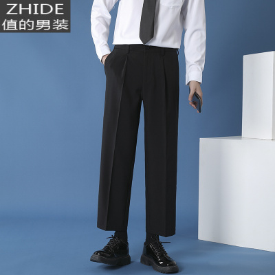 SUNTEK男士港风直筒休闲裤百搭松紧腰九分西裤男潮流宽松大码工装长裤潮西裤