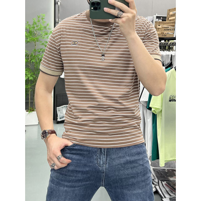 个性条纹短袖男半袖潮流圆领透气T恤青年宽松百搭夏季新款上衣潮T