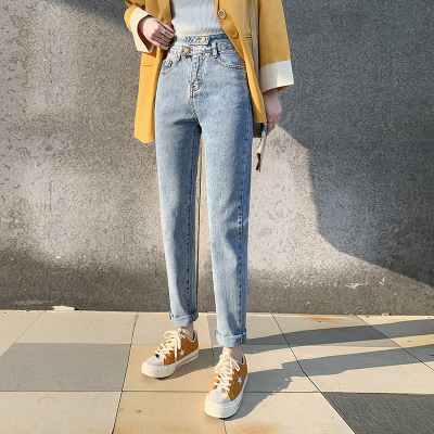 高腰牛仔裤女2020冬季新款百搭显瘦显高修身小脚直筒裤子