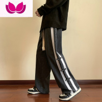 七斓条纹牛仔裤男ins潮牌美式高街裤子宽松大码阔腿直筒休闲长裤