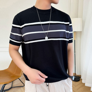 夏季针织短袖男圆领薄款条纹T恤宽松青年针织衫半袖打底上衣大码