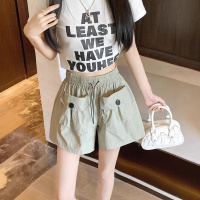 高腰显瘦辣妹灰色休闲短裤女夏季2025新款工装阔腿双口袋抽绳裤子