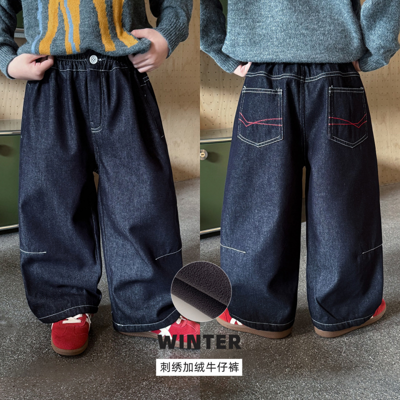 童酷男童冬季新款韩版净色宝宝休闲裤刺绣加绒加厚儿童牛仔裤