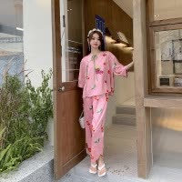 Ceba新中式睡衣女缎面提花春夏薄款短袖长裤两件套丝质家居服