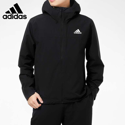 adidas阿迪达斯夹克男装2021春季新款运动服防风连帽梭织黑色外套GM2169