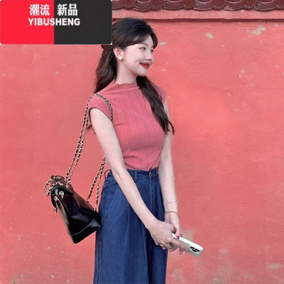 YIBUSHENG粉色冰丝正肩短袖t恤女季2024设计感别致绝美掐腰短款上衣