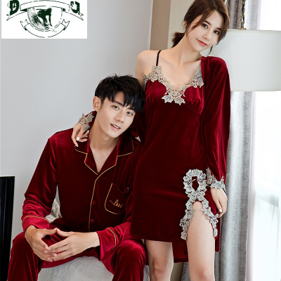 HLCOMAN情侣性感睡衣金丝绒两件套带胸垫睡裙吊带睡袍男女红色结婚家居服睡裙