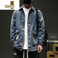 YANXU秋季新款牛仔工装翻领夹克男士百搭宽松潮流休闲外套长袖百搭上衣