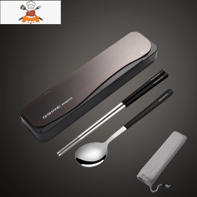 筷子勺子套装餐具盒便携学生单人装三件套不锈钢叉子外带收纳盒 经典黑-本钢色黑色筷勺 敬平