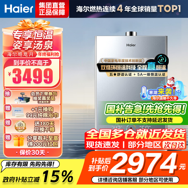 海尔(Haier)燃气热水器16升天然气家用双循环恒温无级变频水伺服五段微火TSI增压密闭稳燃舱一级降噪 KL7S-恒星