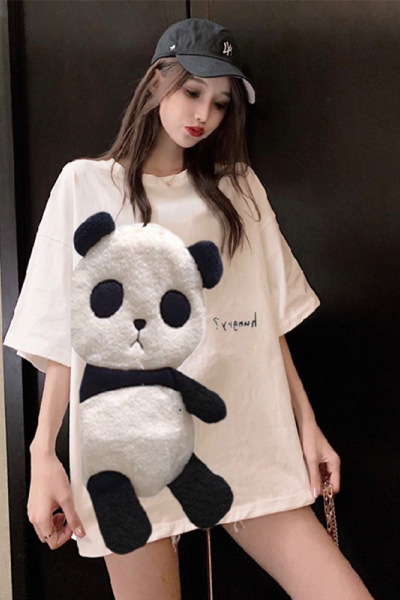 女士卡通刺绣夏季韩版新款中长款短袖T恤女上衣女装