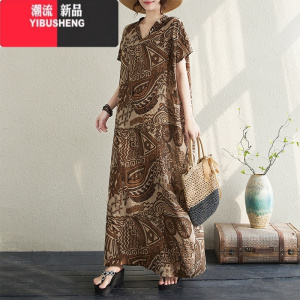 YIBUSHENG2024季新款V领套头波西米亚显瘦连衣裙宽松大码复古印花长裙女 咖色连衣裙 均码