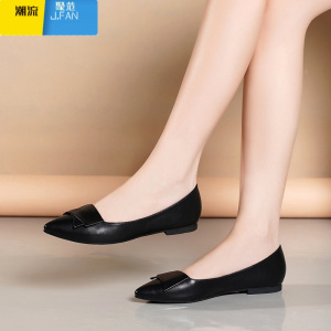 聚范单鞋女2024新款平底尖头浅口低跟黑色休闲百搭软底皮鞋女