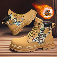 冬季加绒加厚高帮男士马丁靴皮面拼接布面卡通小熊潮流运动男靴
