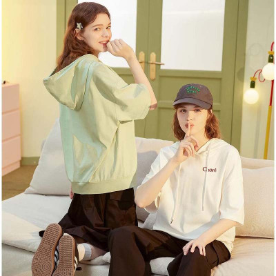 [3件8.5折64.5元,叠加优惠券]唐狮夏季新款半袖卫衣白色短袖连帽t恤女设计感小众宽松帽衫