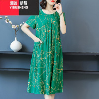 YIBUSHENG2024年新款大码中老年季胖妈妈装棉绸连衣裙中长款高端宽松裙子