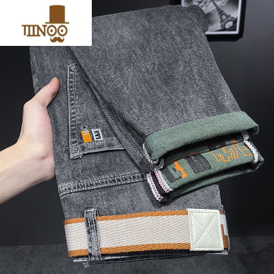 YANXU烟灰色牛仔裤男新款宽松直筒百搭潮流修身小脚印花长裤男