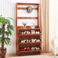 超薄翻斗鞋柜实木色简约现代超薄17cm免漆鞋柜衣架组合