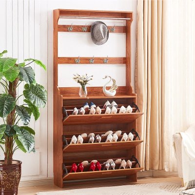 超薄翻斗鞋柜实木色简约现代超薄17cm免漆鞋柜衣架组合