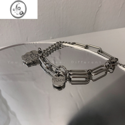 JiMiGood luck字母笑脸闺蜜钛钢手链女小众设计感ins潮嘻哈冷淡风手镯