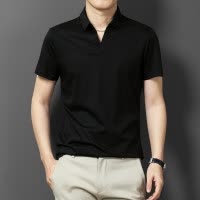 年夏季新款剪刀领T恤男短袖纯色薄款冰丝中年半袖打底体恤男