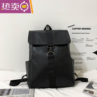 NEWLAKE复古双肩包男pu皮质简约时尚潮流大容量旅行背包校园大学生书包女黑色