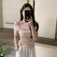 设计感立体蝴蝶斜领露肩短袖针织衫女夏季新款短款抽绳显瘦上衣潮