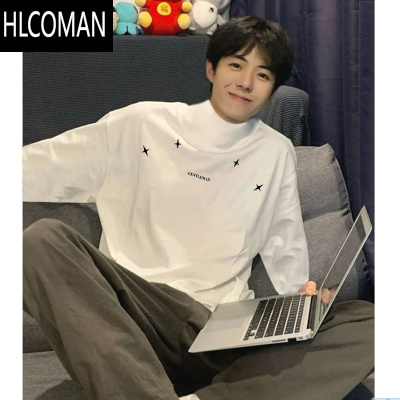HLCOMAN白色德绒内搭打底衫半高领长袖t恤男美式hiphop潮牌加绒卫衣
