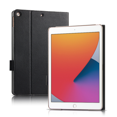 久宇iPad10.2真皮保护套10.2英寸平板电脑保护壳苹果平板第八代ipad休眠支撑套头层牛皮包边防摔商务保护套爵士黑真皮保护套-送钢化膜