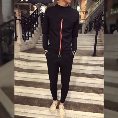 梵克公牛2019年春季秋新款休闲时尚帅气两件套卫衣男士春季流商务休闲运动套装男黑色(长款)M体重95至110