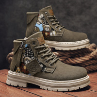 新款简约时尚卡通印花男士秋季马丁靴透气休闲舒适系带款高帮靴