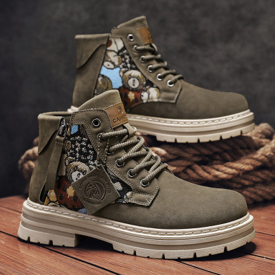 新款简约时尚卡通印花男士秋季马丁靴透气休闲舒适系带款高帮靴