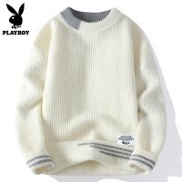 花花公子秋冬季圆领毛衣男款潮流宽松休闲线衣服拼色针织打底衫男