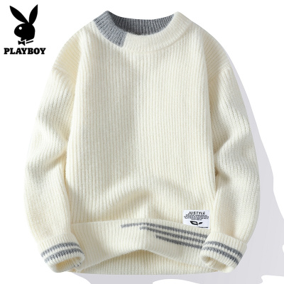 花花公子秋冬季圆领毛衣男款潮流宽松休闲线衣服拼色针织打底衫男