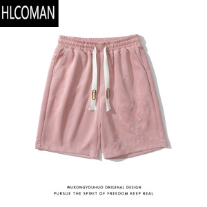 HLCOMAN美式荆棘刺绣绒粉色休闲短裤男夏季宽松百搭五分中裤