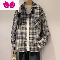 七斓日系复古格子长袖衬衫男ins潮牌宽松休闲衬衣韩版潮流外套