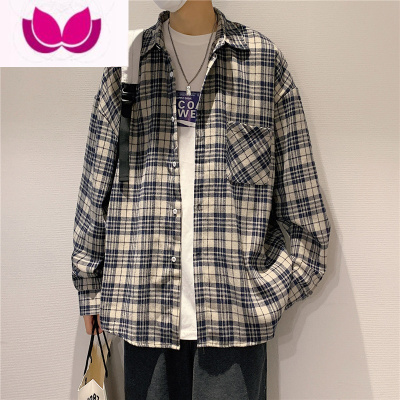 七斓日系复古格子长袖衬衫男ins潮牌宽松休闲衬衣韩版潮流外套