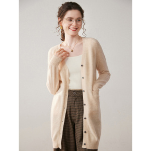 工厂秋冬中长款V领纯色山羊绒开衫女针织打底衫外套上衣毛衣