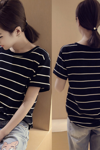 夏季新款韩版款学生条纹短袖T恤宽松圆领上衣女装ins